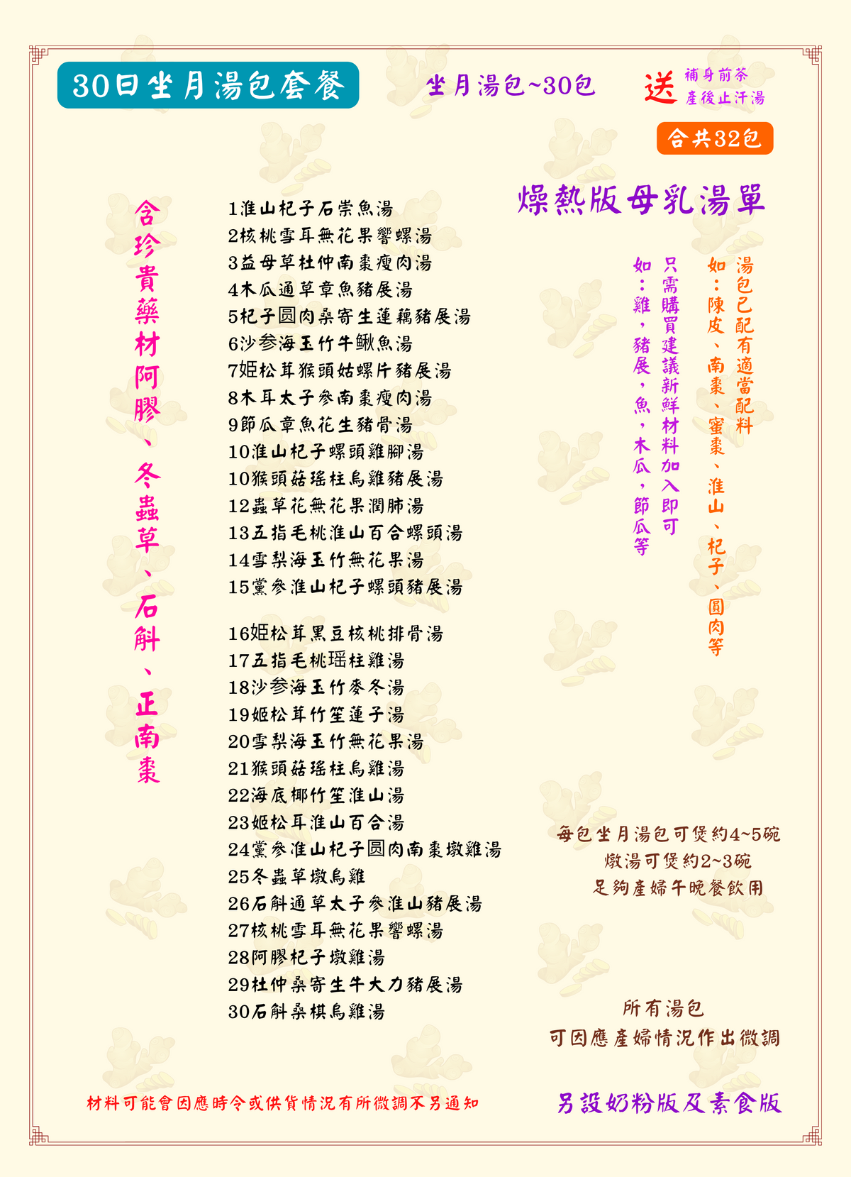 👶【30日坐月湯包套餐】(燥熱版)｜產後媽媽專屬・一站式中藥調理方案